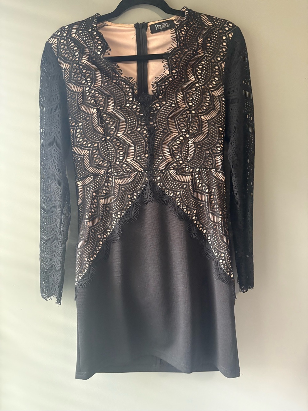 Papillon Black Lace Overlay Mini Dress – Long Sleeve – Elegant Cocktail - Picture 2 of 10